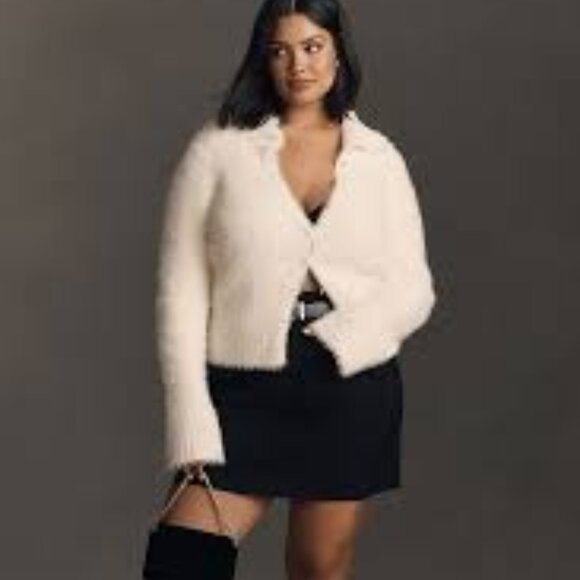 By Anthropologie Pearl Button Fuzzy Cardigan Sweater White - Picture 1 of 7